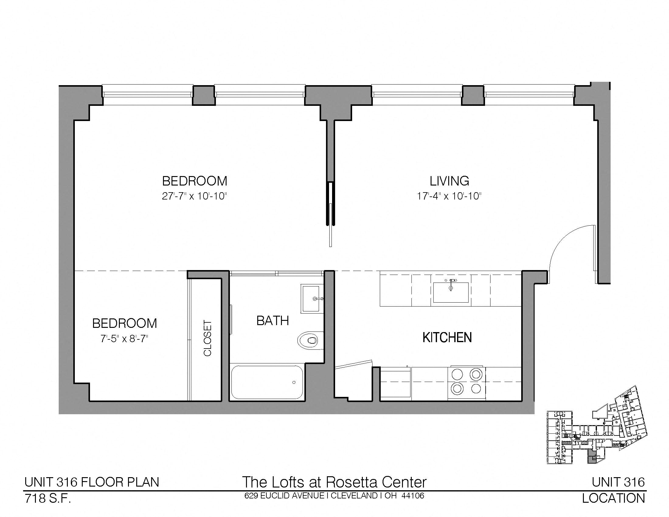 Floor plan for 1 bed, 1 bath, 718 sqft